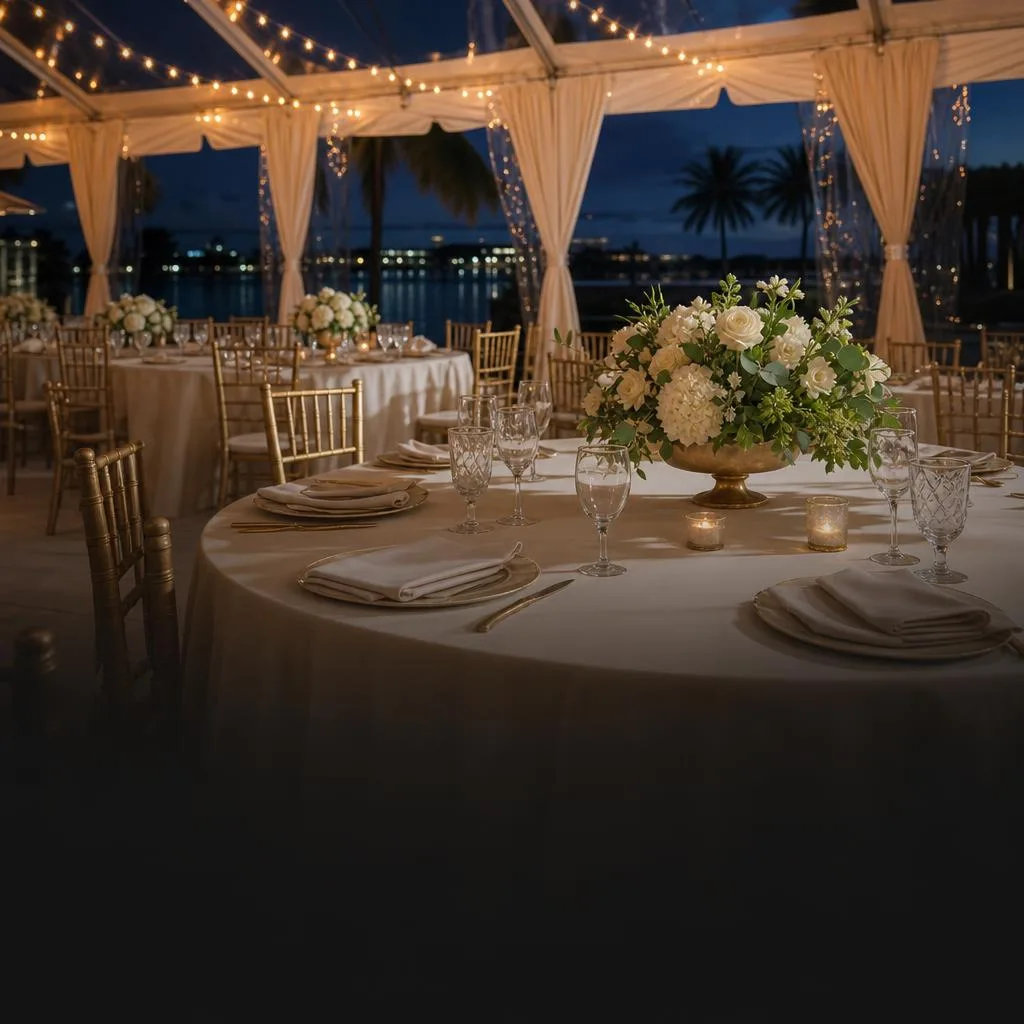 Banquet table dressed with ivory linens and event décor
